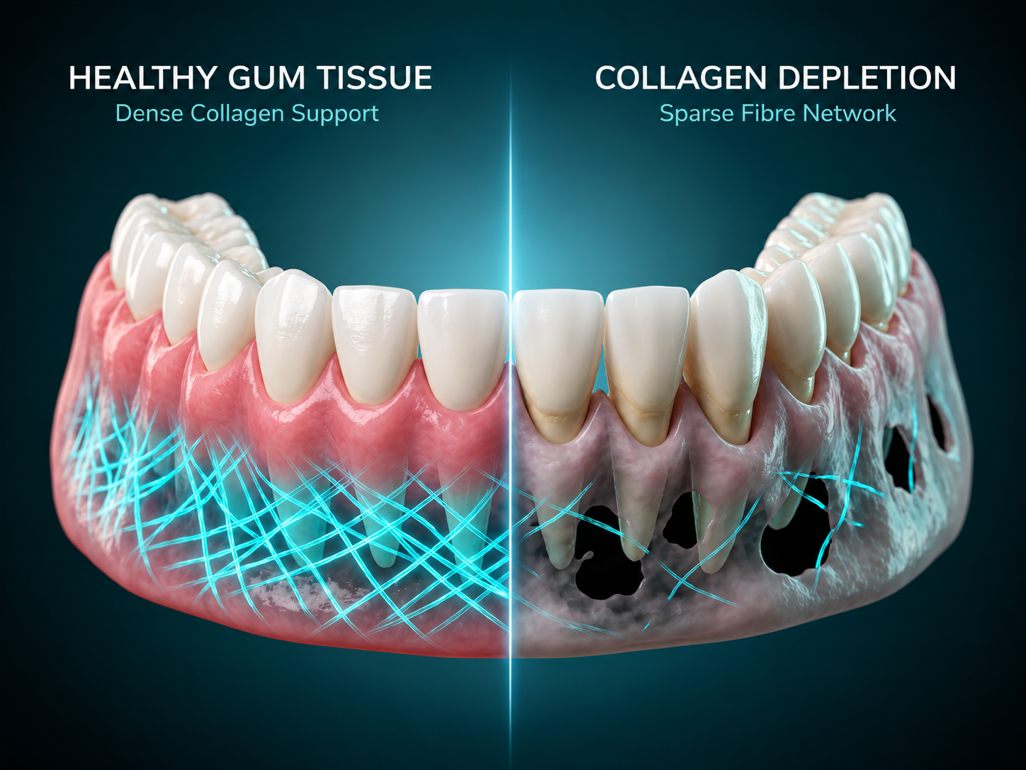 Healthy gum tissue with dense collagen versus collagen depletion with sparse fibre network