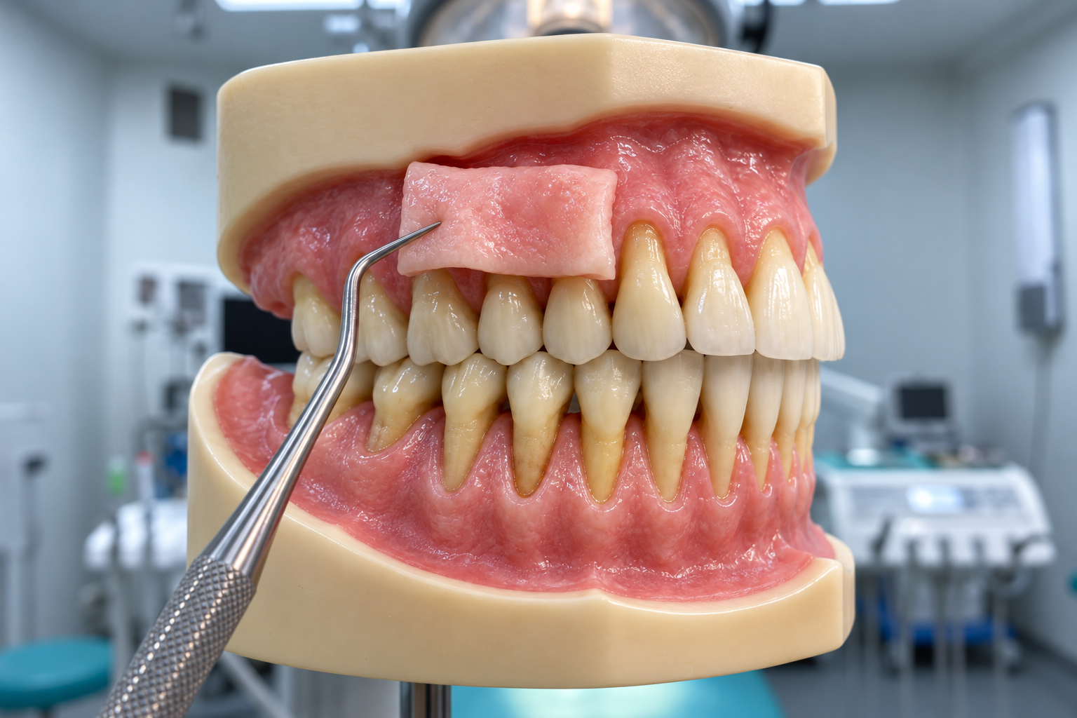 Gum graft tissue held over exposed roots on a dental model