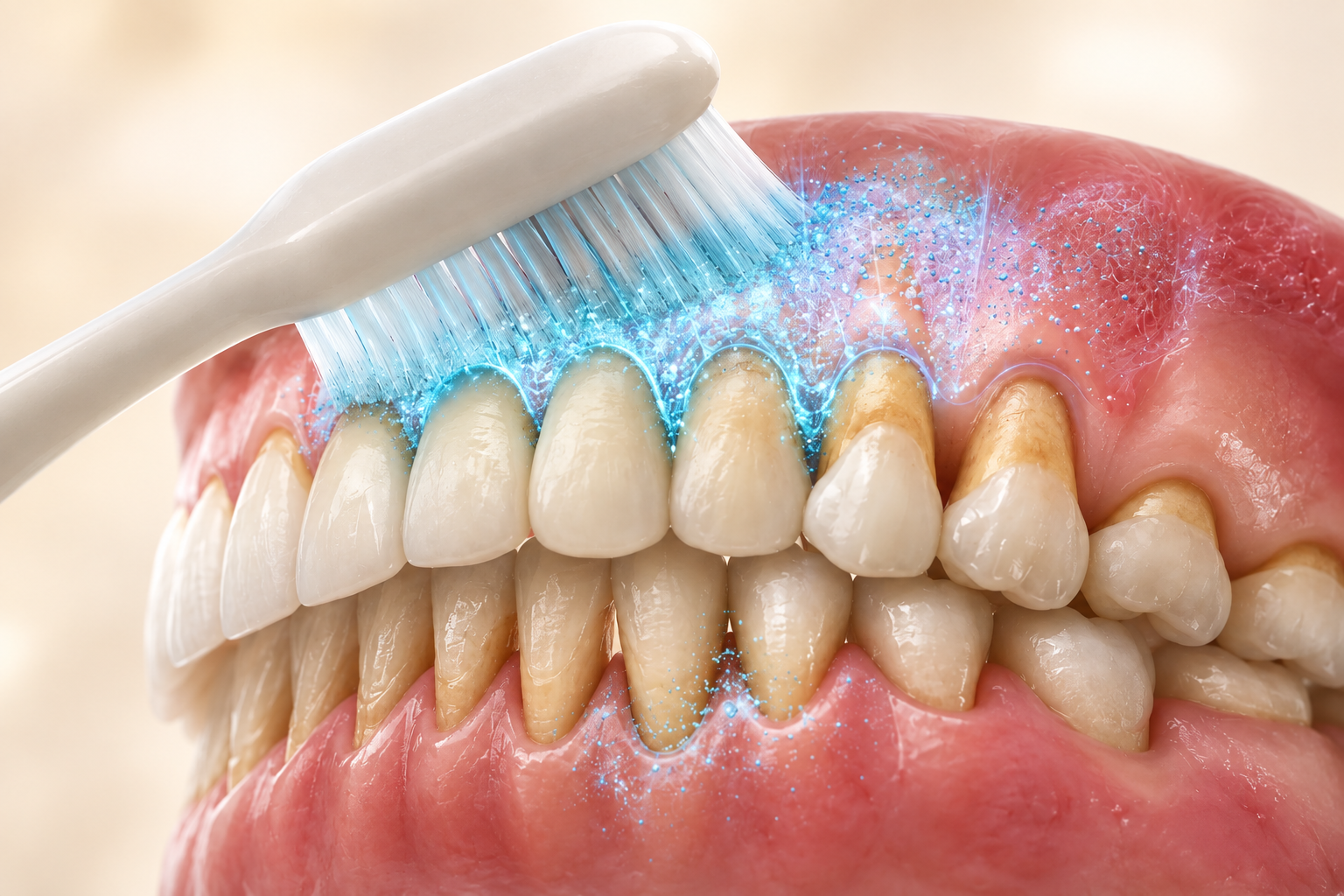 Collagen molecules absorbing directly into gum tissue during brushing